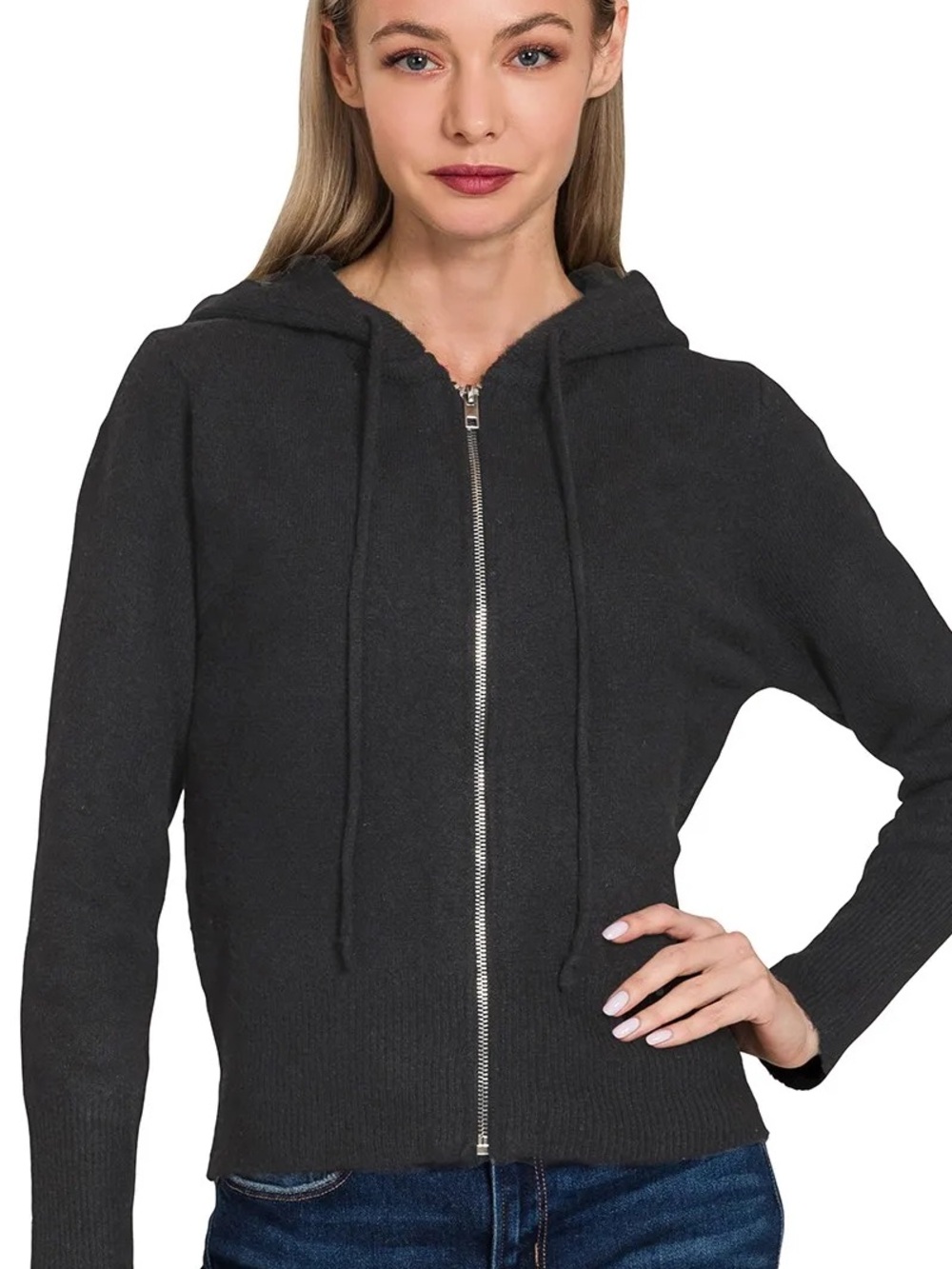 Zenana Drawstring Zip Up Hooded Cardigan